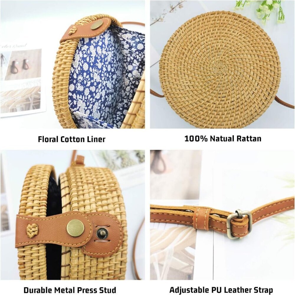 Handwoven Round Rattan Bag for Women Bali Ata Straw Bags Adjustable Shoulder Lea - Picture 5 of 7